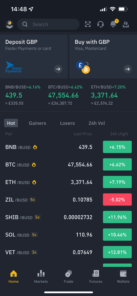 Binance mobile app home screen