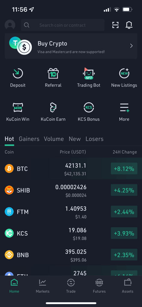 KuCoin mobile app home screen