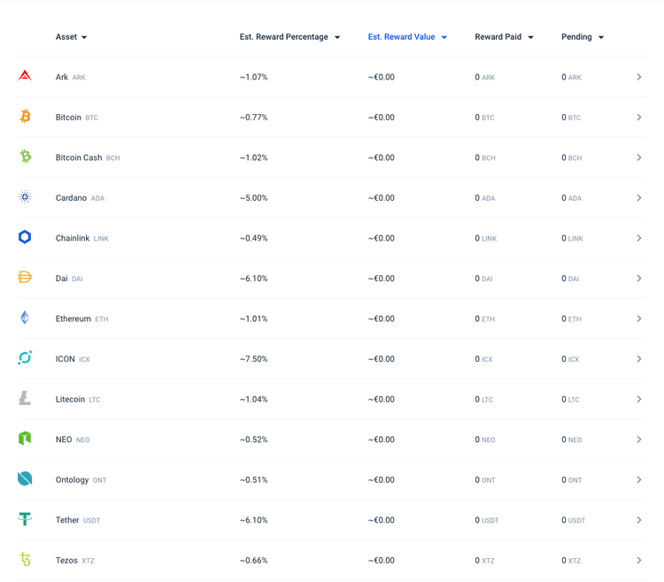 A selection of coins supported for staking from the Bitvavo staking dashboard