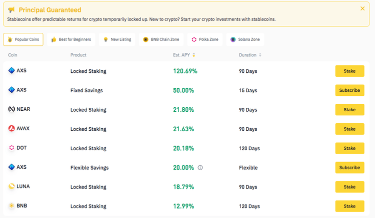 Binance Earn - Coins and potential staking rewards