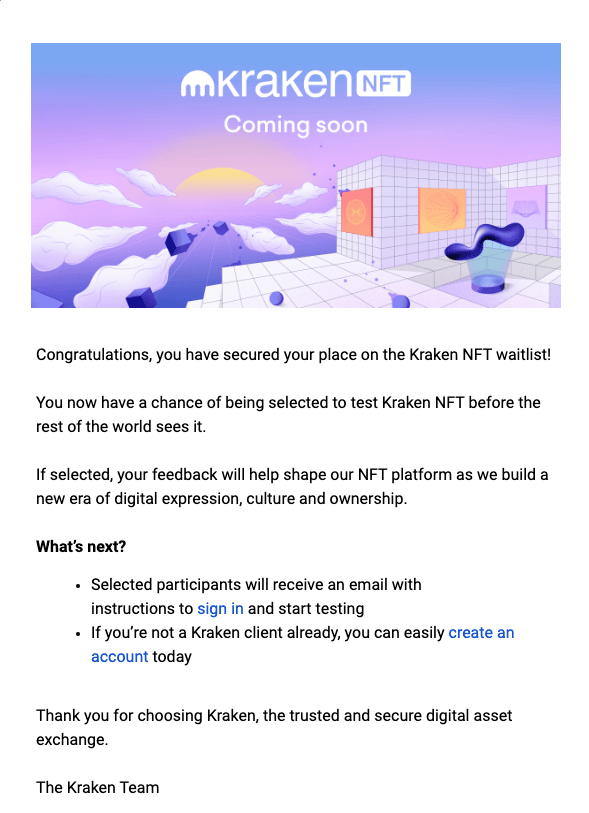 Kraken NFT waitlist email confirmation