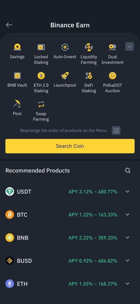 Binance Earn available on the mobile app