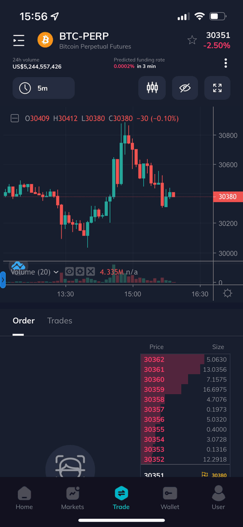 FTX Pro mobile app trading screen