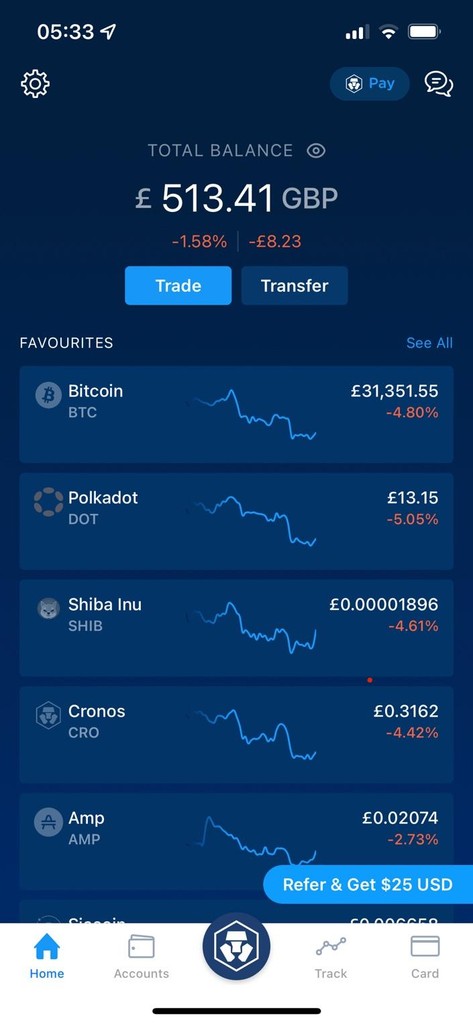 Crypto.com mobile app home screen