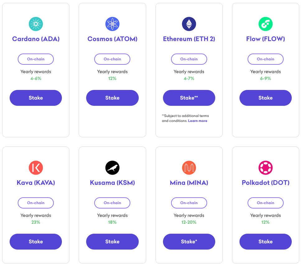 Some of the current on-chain staking options offered by Kraken