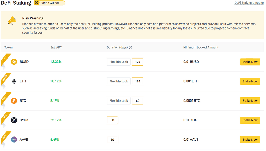 Binance DeFi Staking options