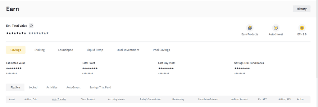 Binance Earn dashboard